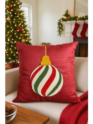 PremiumPort Punch Nakışlı Kırlent Kılıfı 43X43 Cm, Kırmızı Yılbaşı Topu Tasarımı