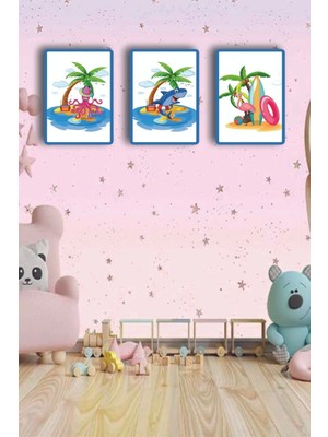 PremiumPort Çocuk Odası Tablo, Deniz Hayvanları Temalı, Ahtapot, Flamingo ve Köpekbalığı Dekoru