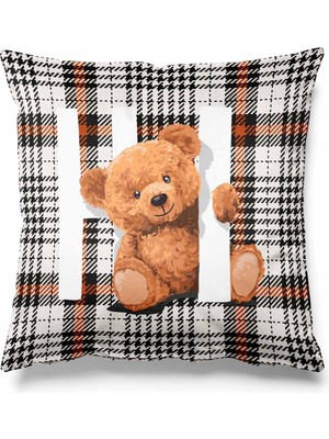 PremiumPort Ekose Teddy Bear Desenli Süet Çift Taraflı Kırlent Kılıfı