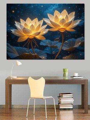 PremiumPort Işıklı Lotus Çiçeği Dekoratif Kanvas ve Mdf Ahşap Tablo