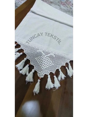 PremiumPort El Dantelli Püsküllü Runner, Buldan Işi Keten Masa Örtüsü