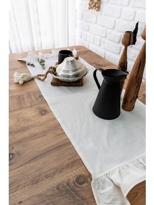 PremiumPort Vintage Keten Fırfırlı Runner, Şık ve Doğal Masa Dekoru 40X110 cm