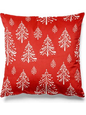 PremiumPort Kırmızı Zeminde Çam Ağaçları Desenli Süet Kırlent Kılıfı, Yılbaşı Dekorasyonu