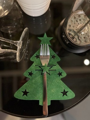 PremiumPort Yeşil 6'lı Dekoratif Çam Ağacı Kaşıklık, Yılbaşı Sofra Süsünüz