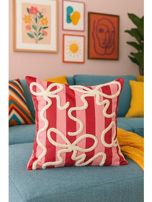 PremiumPort Punch Nakışlı Pembe Fiyonk Kırlent Kılıfı 43X43 Cm, Şık ve Rahat Dekor