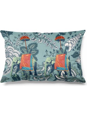 PremiumPort Petrol Mavisi Dikdörtgen Hint Fili Desenli Çift Taraflı Süet Kırlent Kılıfı