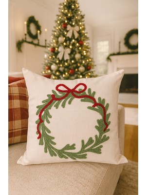 PremiumPort Nakışlı Kırlent Kılıfı 43X43 cm Krem Çelenk Tasarım