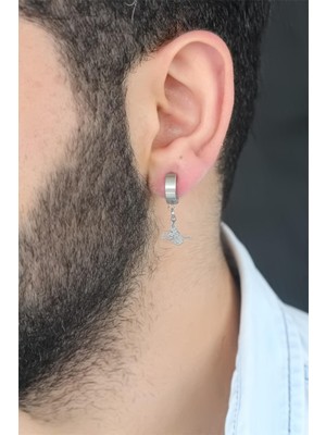 FRY Silver Renk Kaplama Osmanlı Tuğra Figürlü Kıstırmalı Çelik Erkek Küpe
