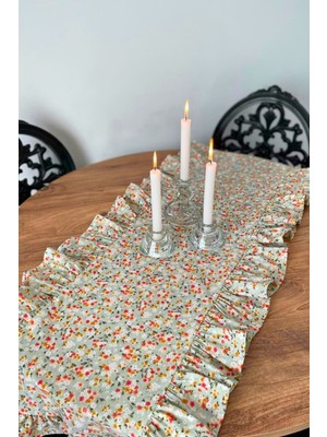 PremiumPort Yeşil Çiçek Desenli Fırfırlı Runner 40X110, %100 Pamuk, Şık ve Renkli