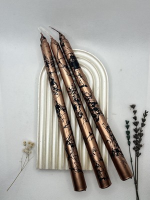 PremiumPort Siyah Mermer Desenli Metalik Bakır Şamdan 3'lü Set, Şık ve Zarif Dekorasyon