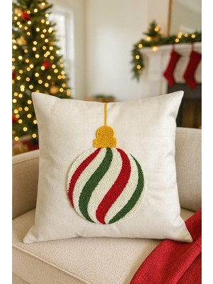 PremiumPort Punch Nakışlı Kırlent Kılıfı 43X43 Cm, Krem, Yılbaşı Temalı, Dekoratif