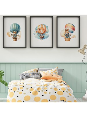 PremiumPort Balon Temalı 3'lü Ahşap Çerçeveli Bebek Odası Tablo Seti