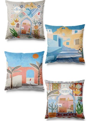 PremiumPort Ramazan Temalı 4'lü Süet Kırlent Kılıfı, Çift Taraflı Desenli Set