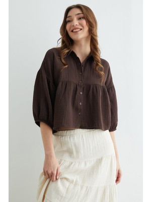 FullaModa Balon Kol Salaş Müslin Kumaş Gömlek