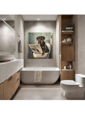 PremiumPort Kare Kanvas Banyo Tablosu, Gazete Okuyan Rottweiler, Modern Dekor