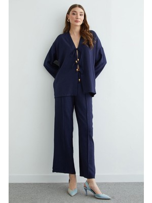 FullaModa Önü Bağlamalı Keten Kimono 2 Li Takım