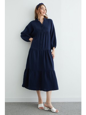 FullaModa Fullamodest Yarım Düğmeli Hakim Yaka Müslin Elbise