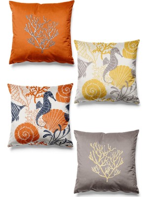 PremiumPort Coral Desenli 4'lü Süet Kırlent Kılıfı, Çift Taraflı Baskı, Şık ve Kaliteli