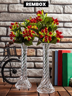 PremiumPort 2'li Cam Vazo Seti, 25 Cm, Desenli, Minimalist, Gül, Karanfil, Lale, Modern Dekor