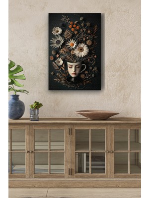 PremiumPort Yüz Görünümlü Kupa ve Çiçekler Kanvas Tablo, Şıklık ve Doğallık Hissini Yansıtır