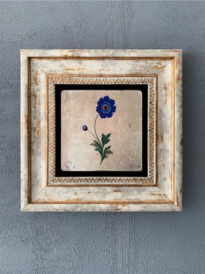 PremiumPort Şık Çerçeveli Taş Duvar Dekoru 20X20 cm Ebru Çiçek Tasarımı