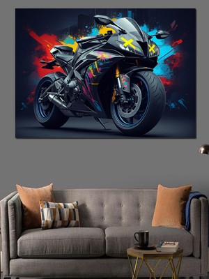 PremiumPort Neon Işıklı Motosiklet Aksiyonu Dekoratif Kanvas ve Mdf Tablo