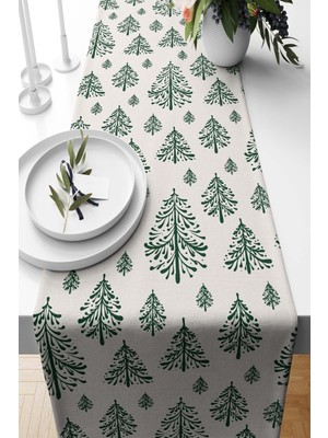 PremiumPort Yılbaşı Temalı Ekru Süet Dokuma Çam Ağaçları Dekoratif Halı 140X40 cm