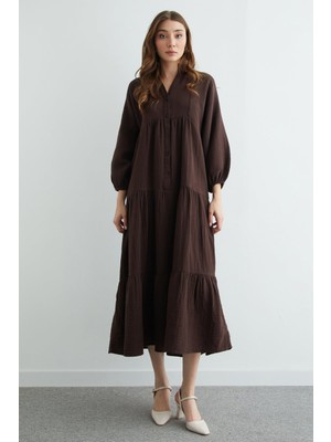 FullaModa Fullamodest Yarım Düğmeli Hakim Yaka Müslin Elbise