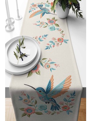 PremiumPort Şık Süet Dokuma Runner Kuş Nakışlı 140X40 cm Ev Dekorasyonu