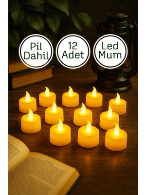 PremiumPort 12'li Mini LED Tealight Mum, Pilli, Alevsiz, Dekoratif, Beyaz, Işıldak
