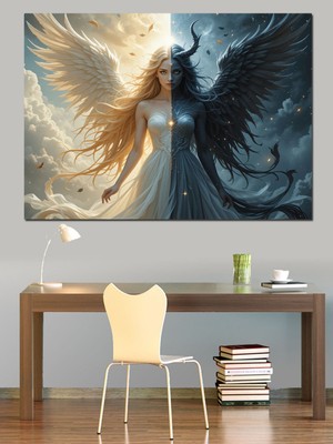 PremiumPort Beyaz Siyah Melek Figürlü Dekoratif Kanvas ve Mdf Tablo