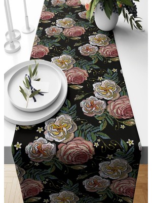 PremiumPort Gonca Nakışlı Süet Dokuma Runner 40X140 Cm, Şık ve Zarif Tasarım