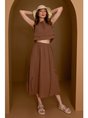 FullaModa Beli Lastikli Püsküllü Etekli Müslin 2 Li Takım