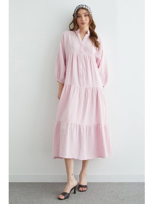 FullaModa Fullamodest Yarım Düğmeli Hakim Yaka Müslin Elbise