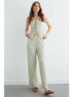 FullaModa Önden Bağlamalı Dokulu Yelekli 2 Li Takım