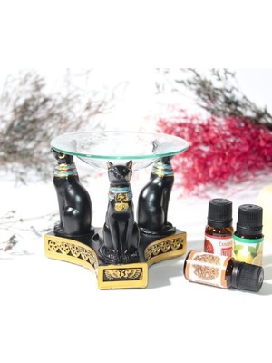 PremiumPort Mısır Desenli Polyester Kedi Buhurdanlık Seti, Yağ Hediyeli, Şık ve Renkli