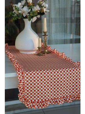 PremiumPort Renkli Dama Desenli Turuncu Keten Runner, Şık ve Modern Masa Dekoru