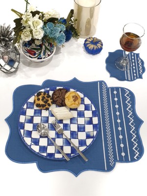 PremiumPort Desenli Nakışlı Eşsiz Amerikan Servis ve Bardak Altlığı Takımı