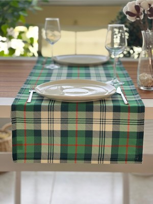 PremiumPort Yeşil Ekose Kare Uçlu Runner, Yeni Sezon, Yılbaşı Masası Dekorasyonu