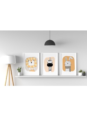 PremiumPort 3'lü Çocuk ve Bebek Odası Tablo Seti, Hayvan Temalı Dekorasyon