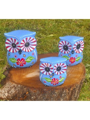 PremiumPort El Yapımı Doğal Ahşap 3’lü Baykuş Biblo Seti, Bahçe ve Ofis Dekoru