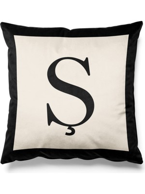 PremiumPort Ş Harfli Siyah ve Bej Çift Taraflı Baskılı Kırlent Kılıfı