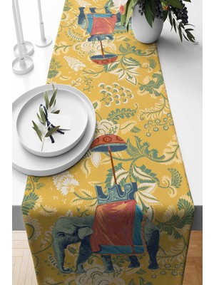 PremiumPort Süet Dokuma Runner, Sarı Hint Fili Deseni, 140X40 Cm, Şık ve Modern Tarz