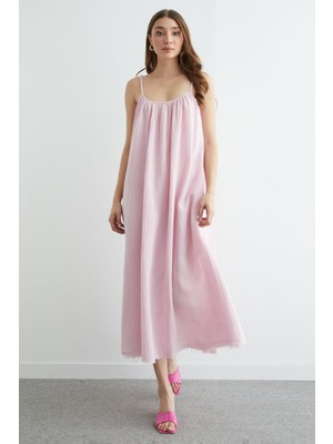 FullaModa Basic Askılı Etek Ucu Yırtık Müslin Elbise