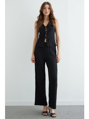 FullaModa Önden Bağlamalı Dokulu Yelekli 2 Li Takım