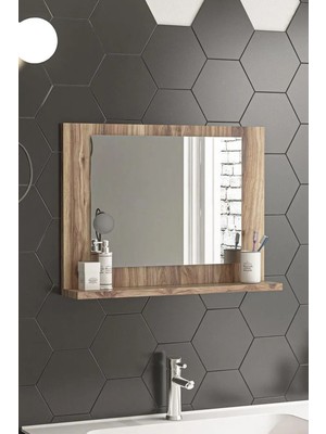 PremiumPort 60X45CM Ceviz Raflı Şık Banyo ve Yatak Odası Boy Aynası