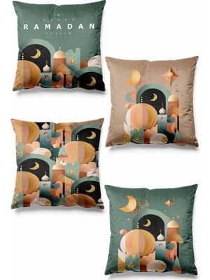 PremiumPort Ramazan Hilal Desenli 4'lü Süet Kırlent Kılıfı, Çift Taraflı Baskılı