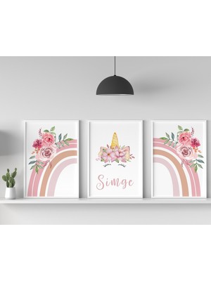 PremiumPort 3'lü Unicorn ve Gökkuşağı Çerçeveli Çocuk Odası Tablo Seti