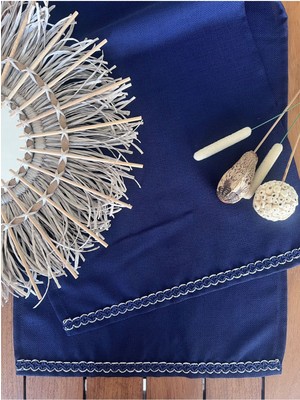 PremiumPort Linen Keten Jüt Dokulu Lacivert Kareuçlu Runner Örtü