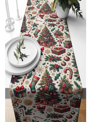 PremiumPort Yılbaşı Temalı Süet Dokuma Runner, Noel Dekorasyonu, 140X40 cm